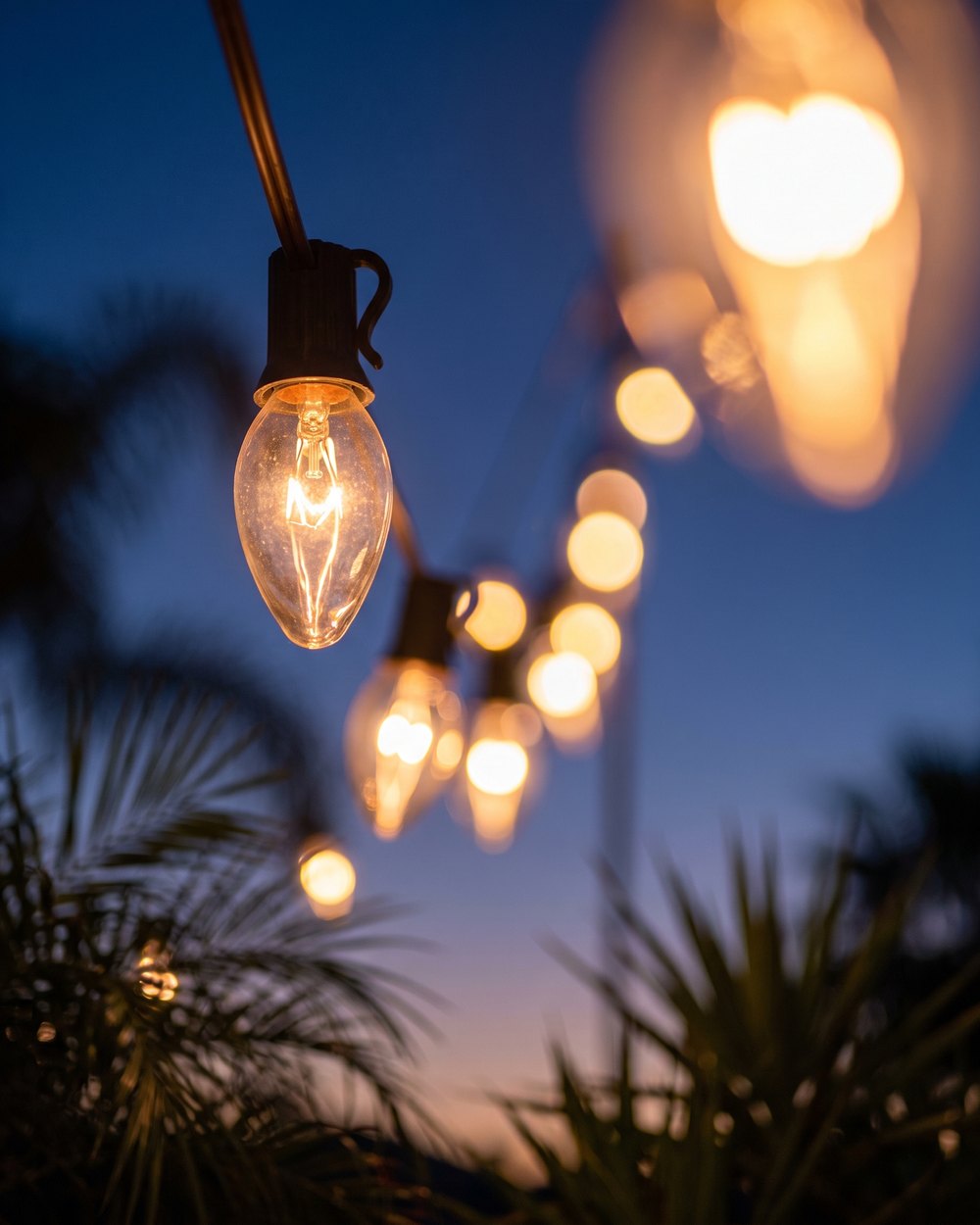 A close-up of warm white bulbs on a string at dusk, palm fronds silhouetted behind them against a deep blue sky.