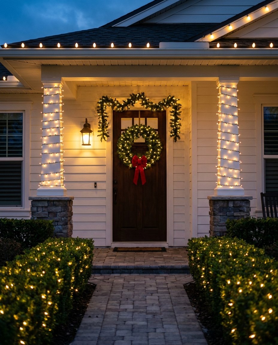 A front entry at dusk with a lit wreath and bow on the door, garland over the frame, porch columns wrapped in warm white lights and hedges lit along the walkway.