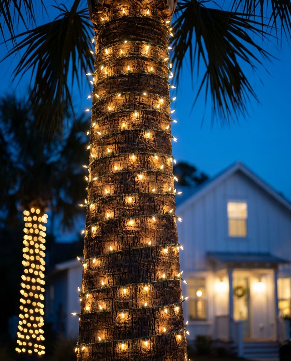 A sabal palm trunk spiral-wrapped in warm white lights at dusk, the fronds left unlit.